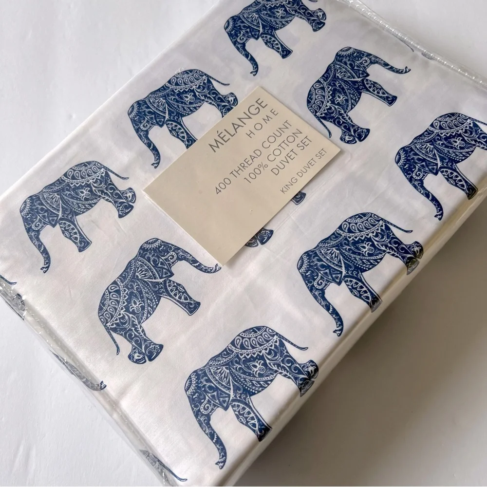 MELANGE HOME ELEPHANT PRINT 400 TC DUVET COVER AND 2 SHAMS NAVY/WHITE NWT